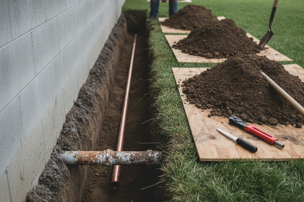 Excavated water line trench during Sewer Line Repair in Randolph
